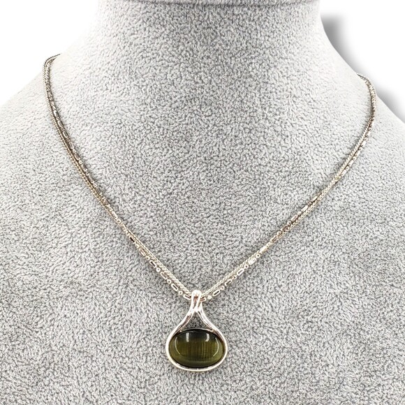 Green Cat Eye Center Silver Tone Pendant Double Strand Collar Choker Necklace - Picture 2 of 11